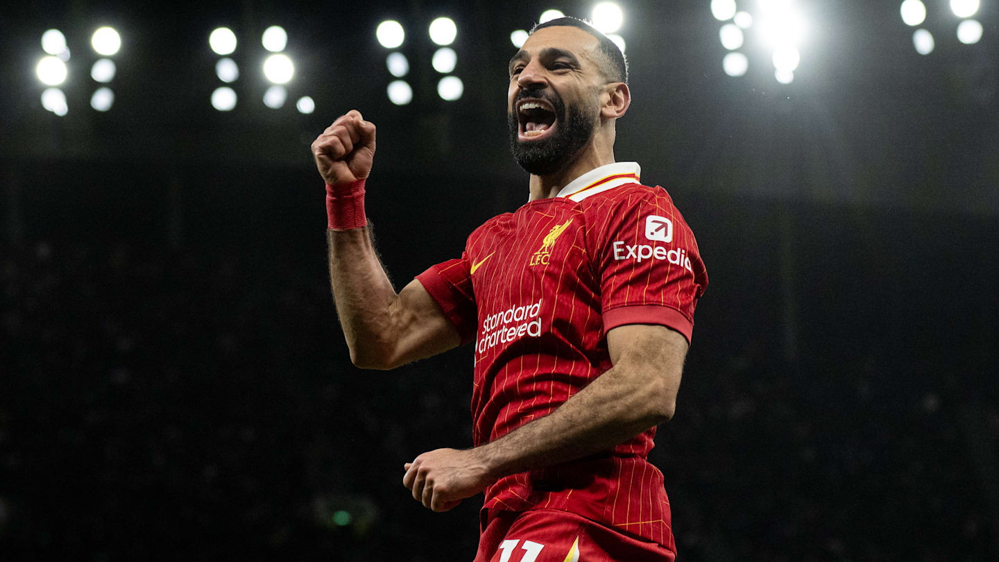 Mohamed Salah reacts after breaking the Premier League goals record against Tottenham