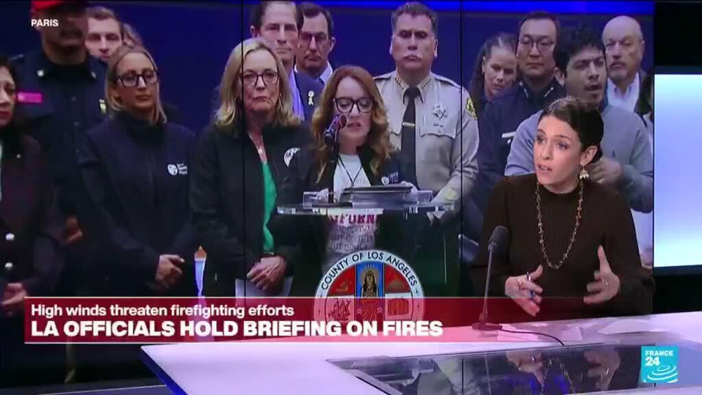 LA officials hold wildfire briefing: High winds threaten firefighting efforts