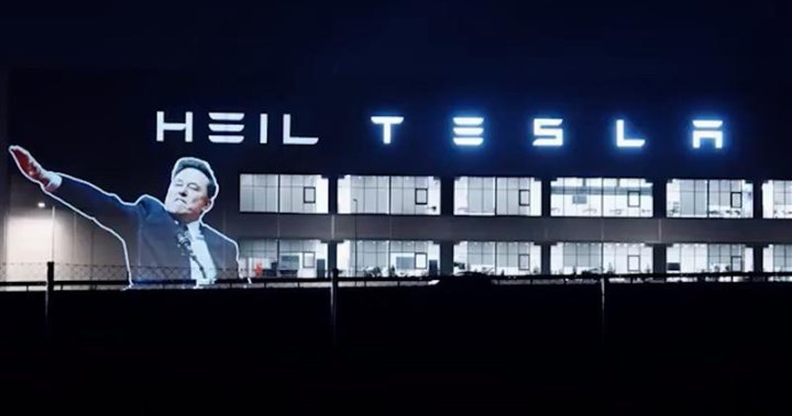 ‘Heil Tesla’: Elon Musk’s greeting projected onto the car manufacturer’s factory in Germany – National